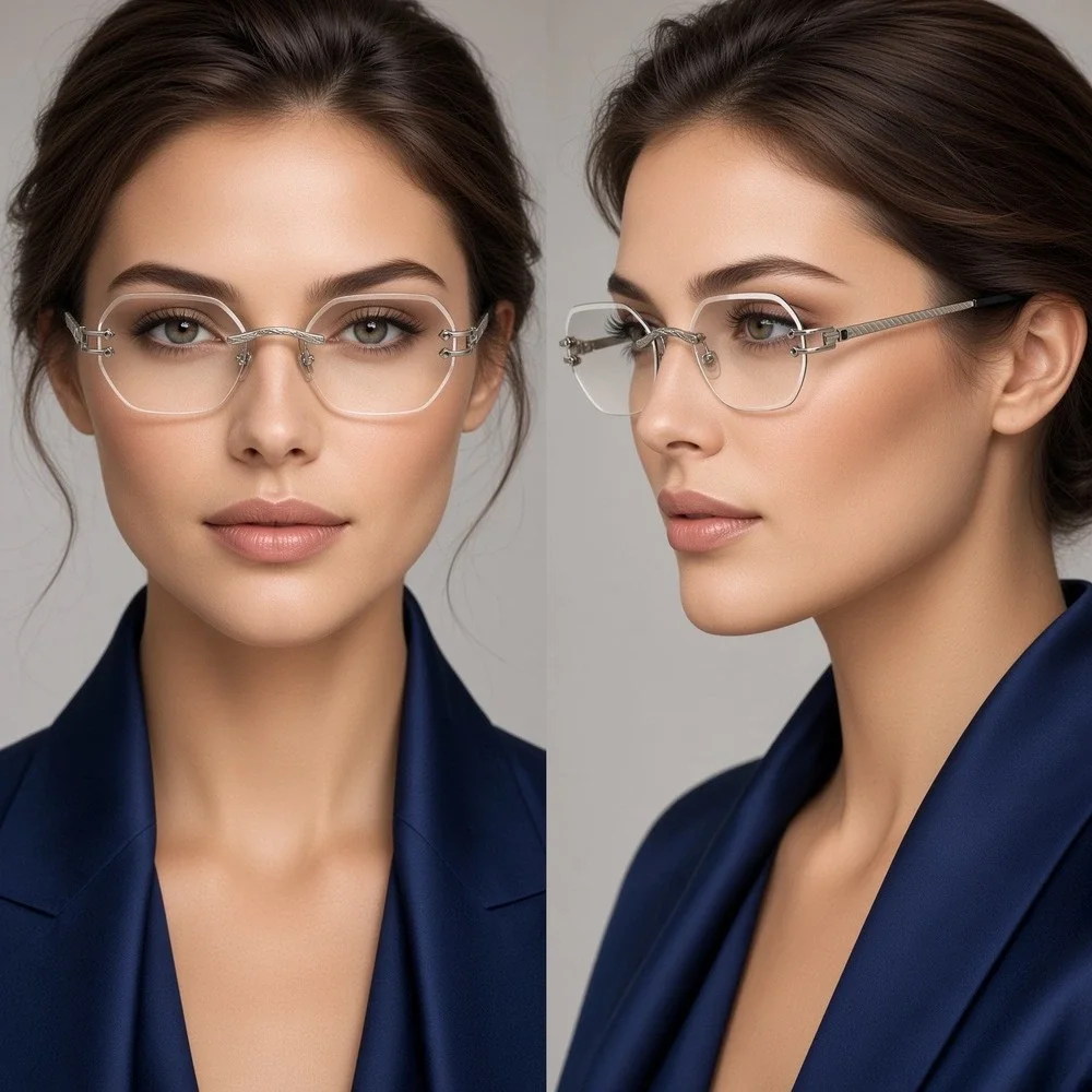 Silver Frameless Angular Eyewear Exhibits Women Eyewear Clear Lens Ombre Shaded
